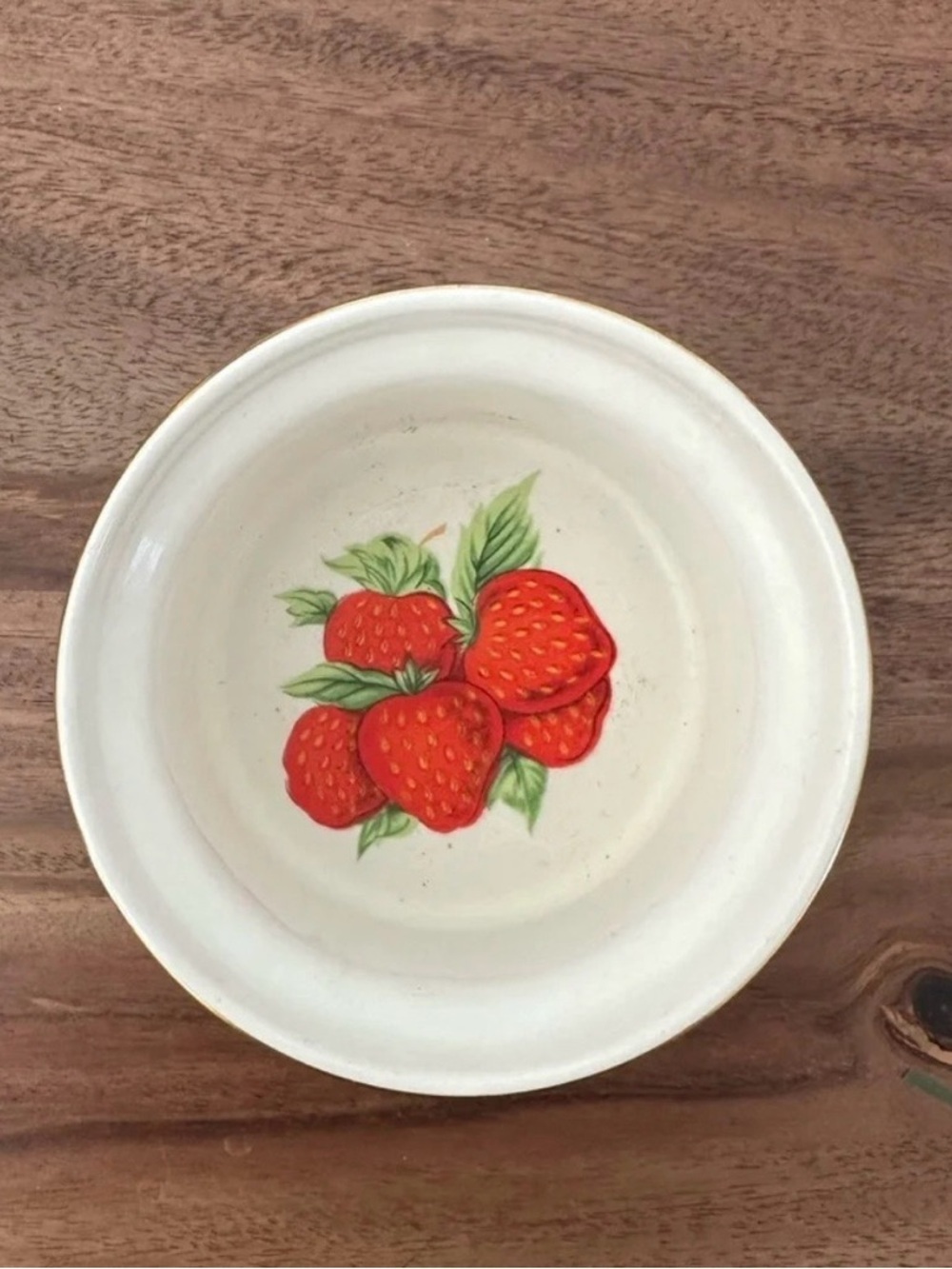 Vintage Strawberry tiny trinket bowl with gold rim cottagecore